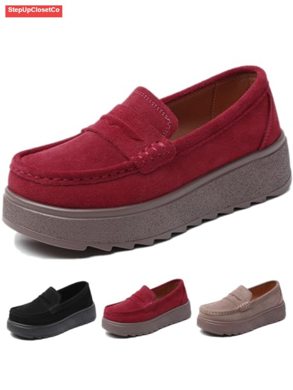 Women's Suede Platform Wedge Loafers Mocc Slip-On Shoes Anti-Slip Lug Sole
